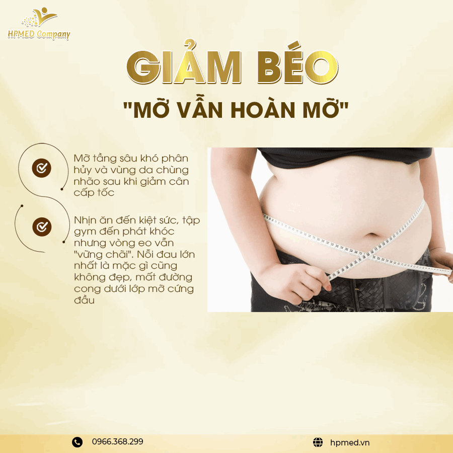Quảng cáo dịch vụ giảm béo HPMED với hình ảnh vòng eo nhiều mỡ được đo bằng thước dây