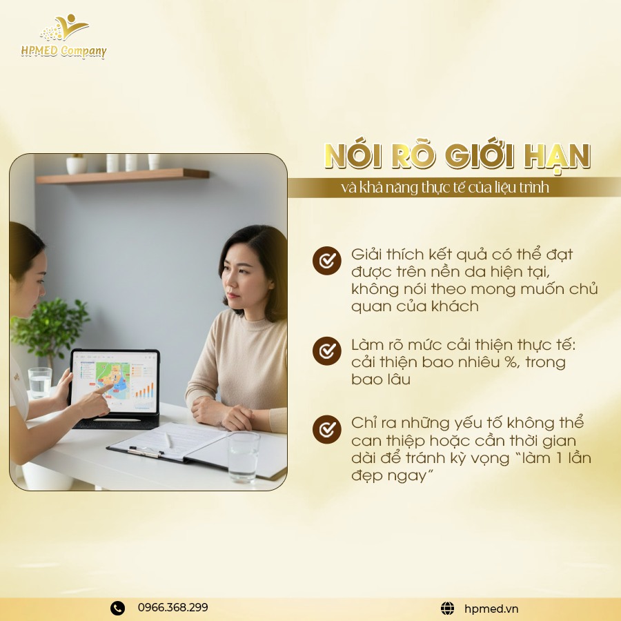 Tư vấn liệu trình chăm sóc da HPMED Company với chuyên viên trình bày kết quả trên máy tính bảng