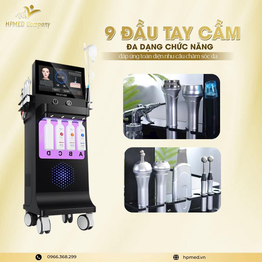 Máy chăm sóc da HPMED 9 đầu tay cầm đa chức năng với màn hình lớn và bình dung dịch A B C D