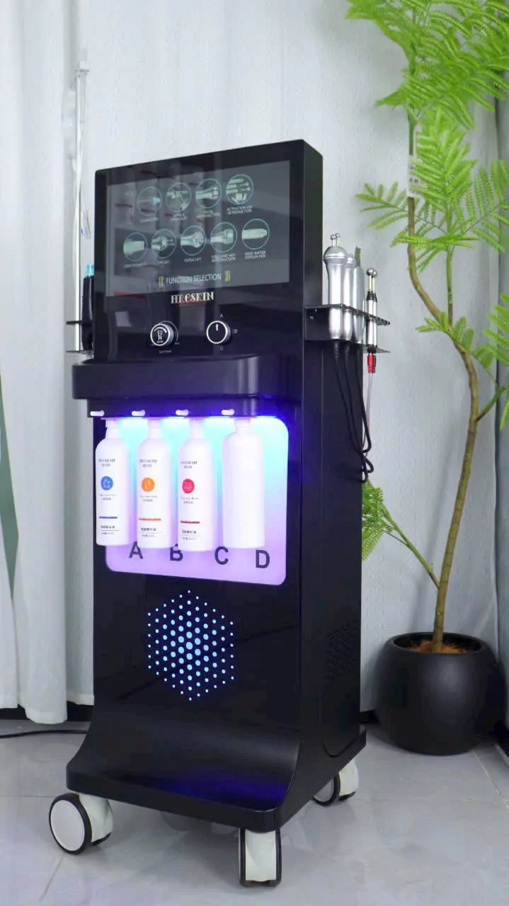 Máy chăm sóc da HRSKIN đa chức năng màn hình cảm ứng, 4 chai dung dịch A B C D, thiết kế màu đen có bánh xe di chuyển