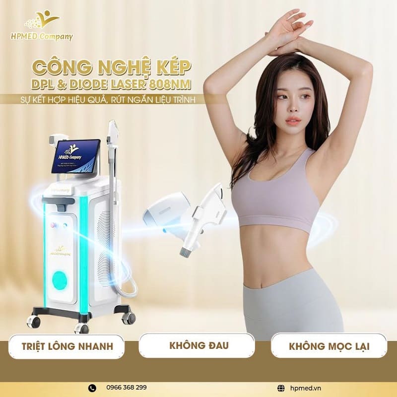 Máy triệt lông công nghệ kép DPL và diode laser 808nm HPMED Company cùng người mẫu khoe vùng da dưới cánh tay
