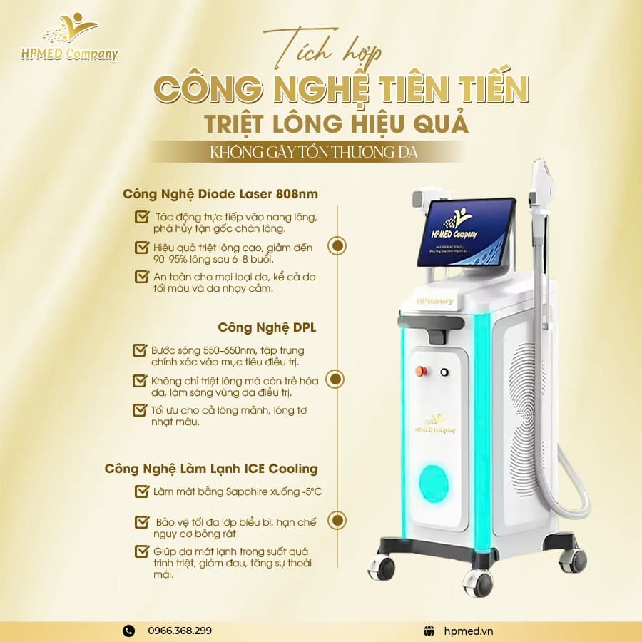 máy triệt lông diode laser HPLuxury công nghệ diode laser 808nm HPMED màu trắng xanh có màn hình cảm ứng và tay cầm chuyên dụng