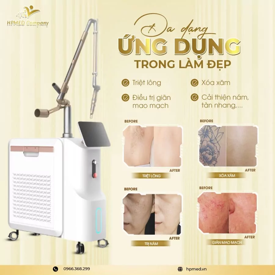 Máy laser thẩm mỹ đa năng triệt lông xóa xăm trị nám giãn mao mạch kèm hình ảnh trước sau