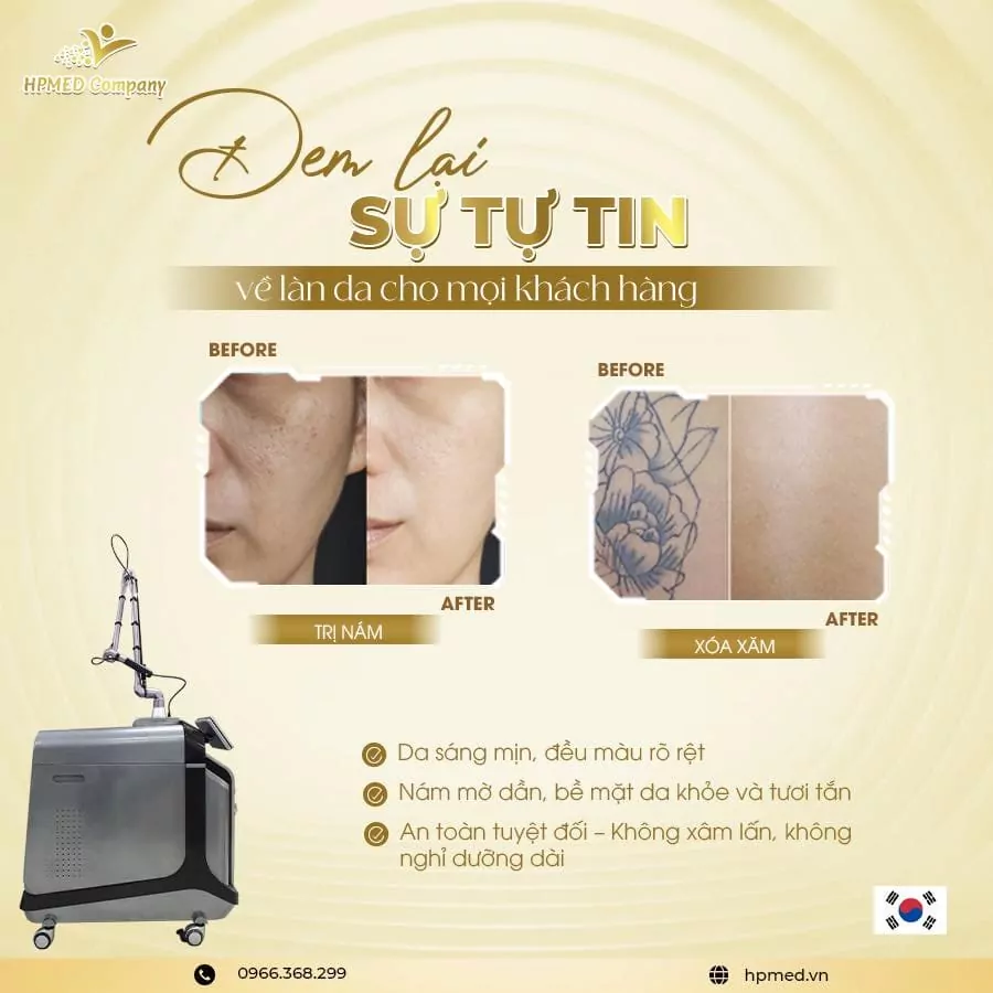Máy laser thẩm mỹ HPMED trị nám và xóa xăm với hình ảnh so sánh da trước và sau liệu trình