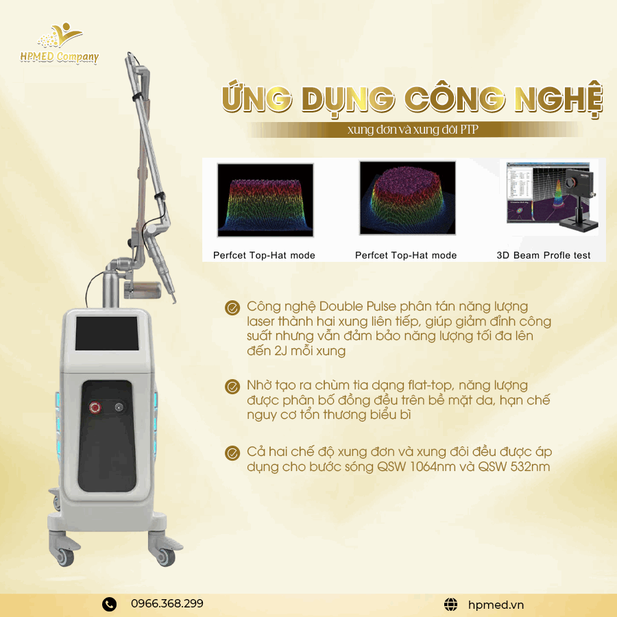 Máy laser thẩm mỹ công nghệ Double Pulse của HPMED Company với màn hình điều khiển và tay cầm điều trị