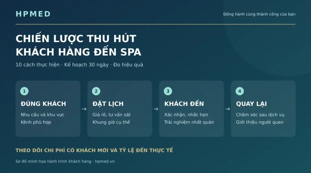 Sơ đồ chiến lược thu hút khách hàng đến Spa: đúng khách, đặt lịch, khách đến và quay lại