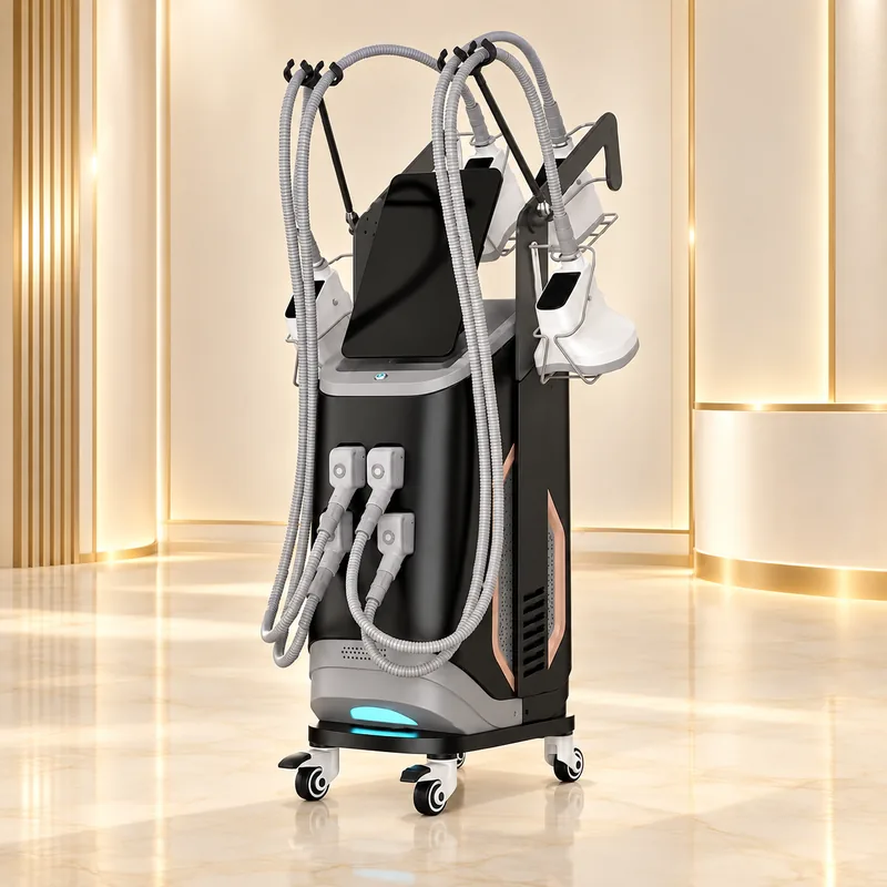 Máy giảm béo Cryocool 360° Sanhe – Đông hủy mỡ 1 Máy giảm béo Cryocool 360° Sanhe toàn thân màu đen với tay cầm và dây dẫn
