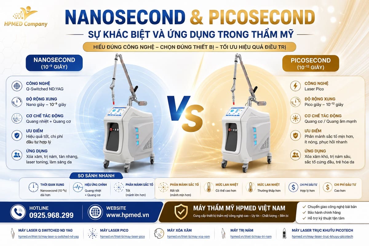 Bảng so sánh độ rộng xung laser nanosecond và picosecond trong điều trị sắc tố da tại HPMED