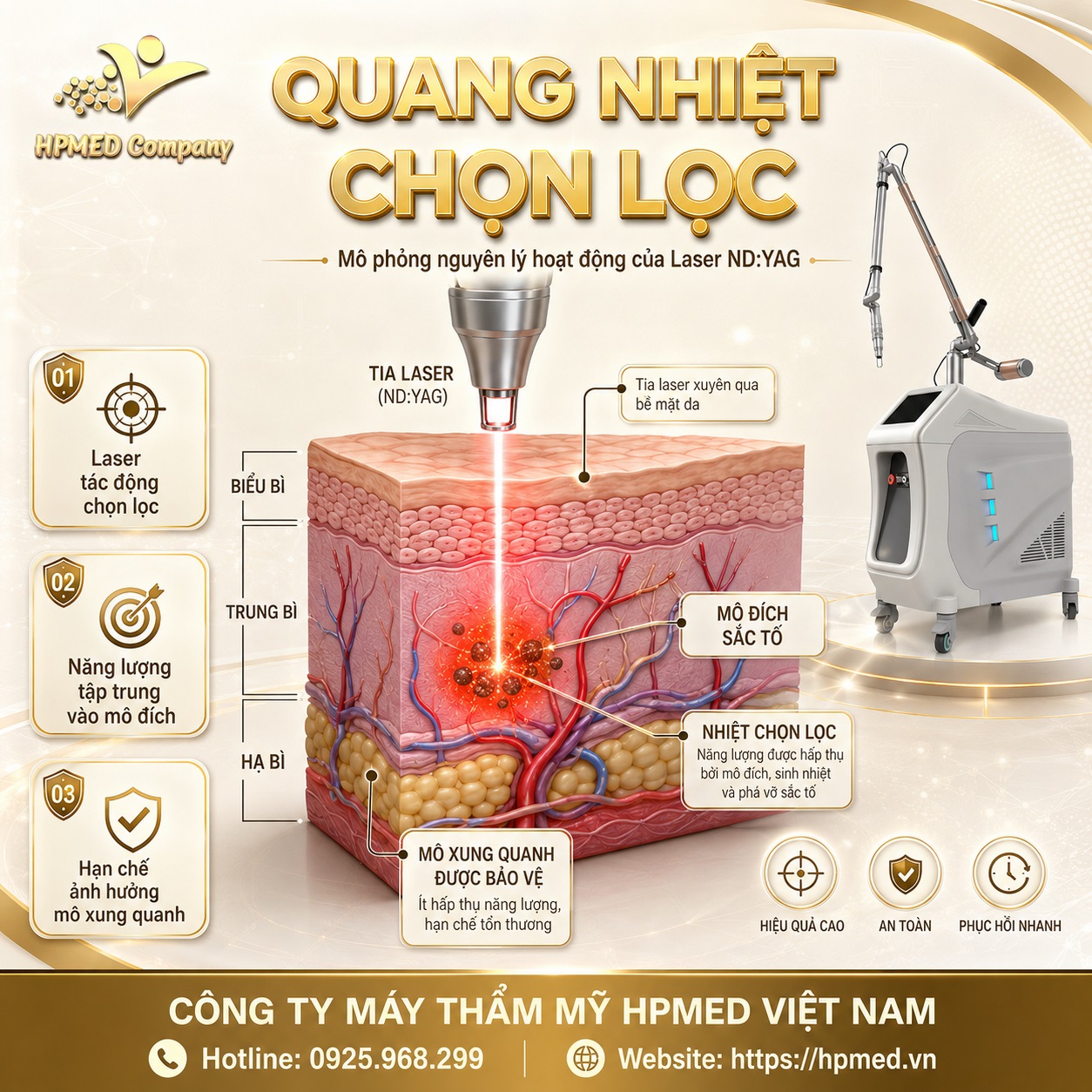 Quá trình quang nhiệt chọn lọc của laser ND:YAG hoạt động như thế nào? 1 Sơ đồ nguyên lý quang nhiệt chọn lọc trong điều trị laser thẩm mỹ và ánh sáng sinh học tại HPMED