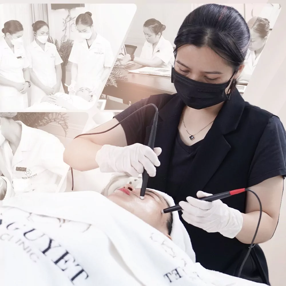 Thực hành chăm sóc da bằng thiết bị tại Học viện Thẩm mỹ Bích Nguyệt.