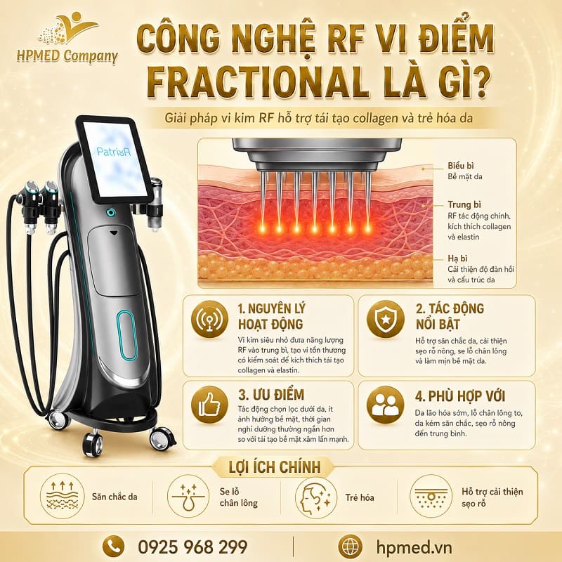 Sơ đồ cơ chế công nghệ RF vi điểm Fractional Microneedle tác động sâu vào hạ bì giúp trị sẹo rỗ tại HPMED