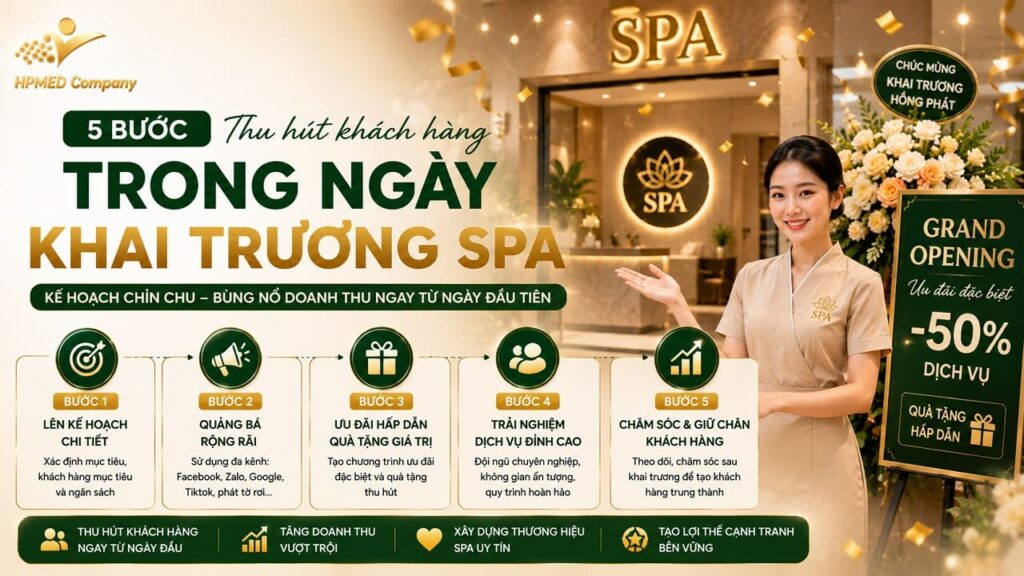 Sơ đồ cẩm nang 5 bước thu hút khách hàng trong ngày lễ khai trương spa hiệu quả tại HPMED