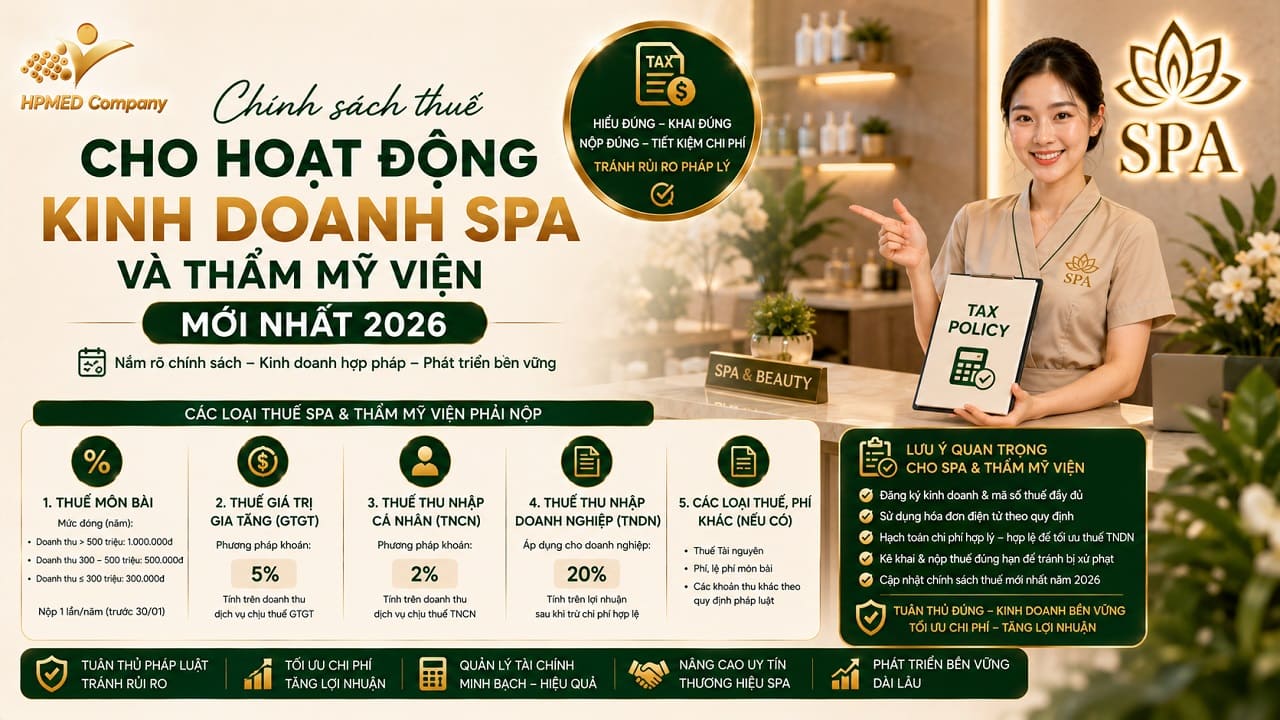 Chính Sách Thuế Cho Hoạt Động Kinh Doanh Spa Mới Nhất 2026 1 Sơ đồ chính sách thuế cho hoạt động kinh doanh spa và thẩm mỹ viện mới nhất 2026 tại HPMED