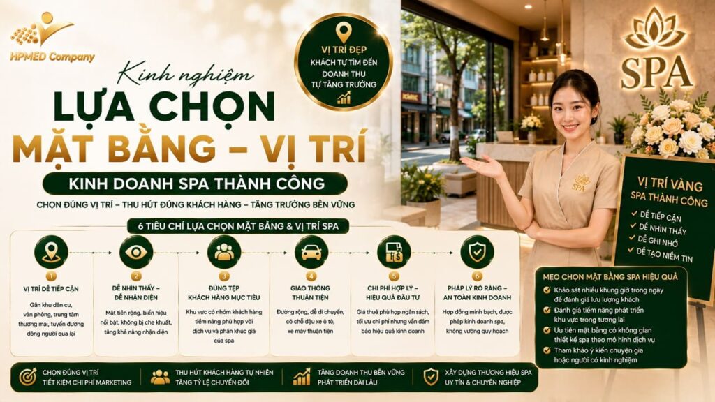 Kinh Nghiệm Lựa Chọn Mặt Bằng Vị Trí Kinh Doanh Spa Thành Công – Bí Quyết Từ Chuyên Gia HPMED 9 Sơ đồ cẩm nang chia sẻ kinh nghiệm lựa chọn mặt bằng vị trí kinh doanh spa thành công tại HPMED