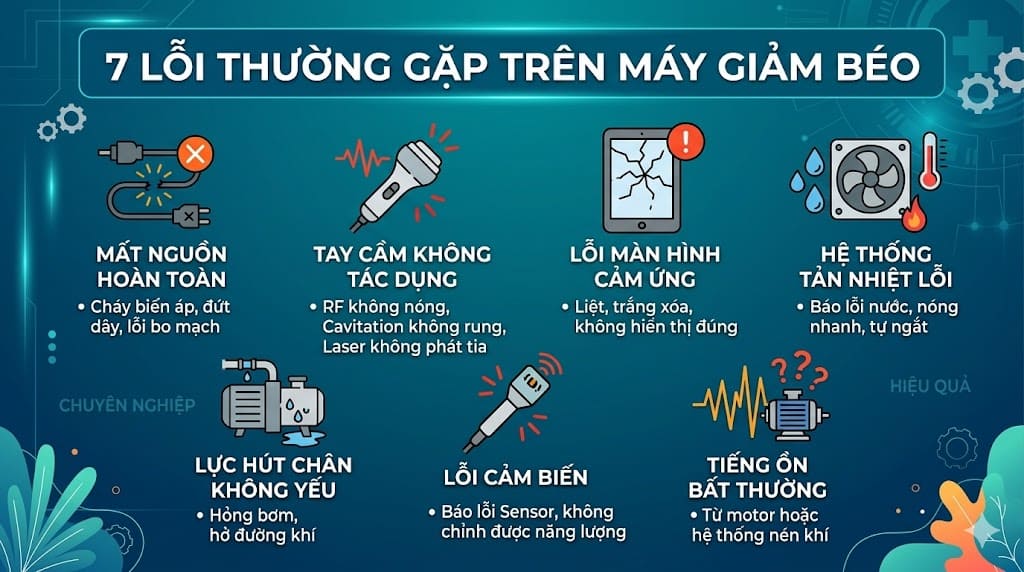 Bảng tổng hợp 7 lỗi thường gặp nhất trên các dòng máy giảm béo công nghệ cao tại Spa