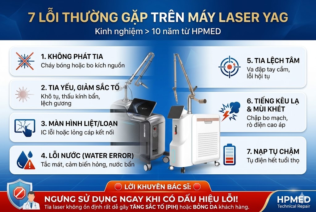 Infographic 7 lỗi thường gặp trên máy Laser YAG và quy trình sửa máy laser YAG chuyên nghiệp chuẩn y khoa tại HPMED