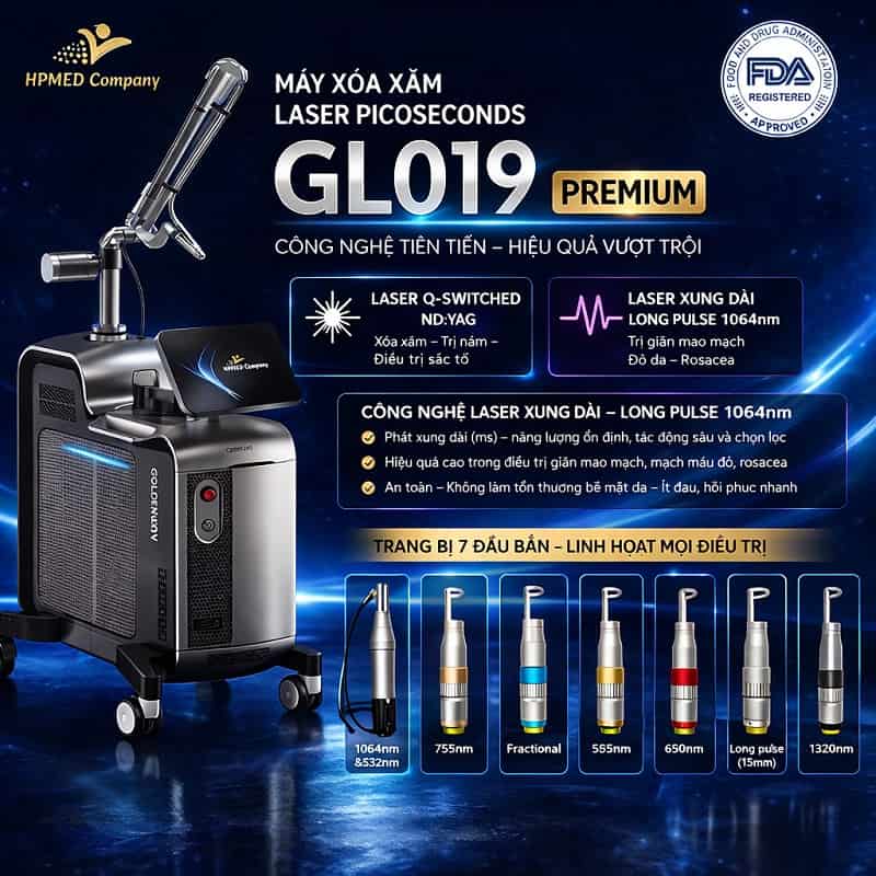 Máy xóa xăm Laser Picoseconds GL019 Premium tích hợp công nghệ Laser Pico và Laser Long Pulse 1064nm giúp xóa hình xăm tattoo và xóa xăm lông mày không sẹo , xóa giãn mao mạch