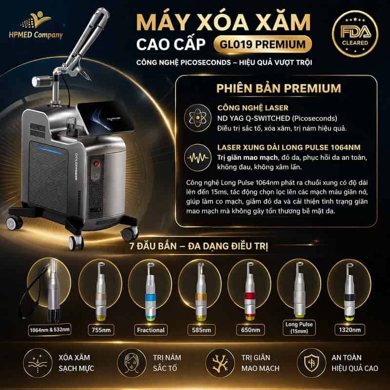 Máy xóa xăm Laser Picoseconds GL019 Premium tích hợp công nghệ máy laser pico và máy laser yag chuyên xóa hình xăm tattoo, xóa xăm lông mày không sẹo