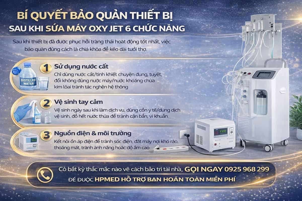 Infographic hướng dẫn bảo quản máy oxy jet sau khi sửa chữa tại HPMED giúp motor máy nén khí hoạt động bền bỉ và áp suất phun mạnh
