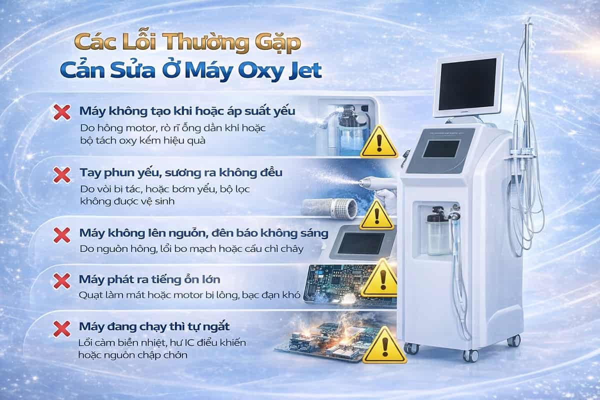 Infographic tổng hợp các lỗi thường gặp cần sửa máy Oxy Jet như yếu áp suất nén khí và tắc đầu phun dưỡng chất tại HPMED