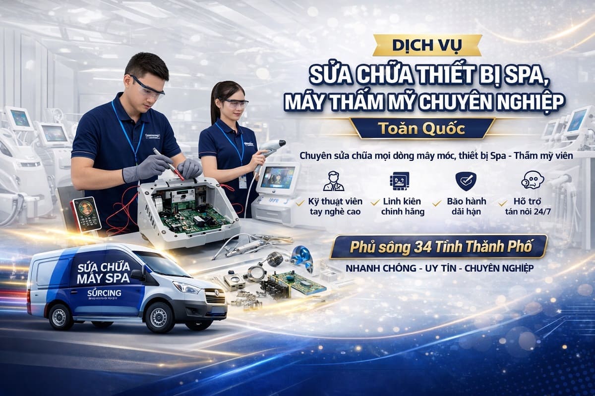 Kỹ thuật viên HPMED đang thực hiện quy trình bảo trì và sửa chữa thiết bị spa công nghệ cao chuyên nghiệp cho khách hàng