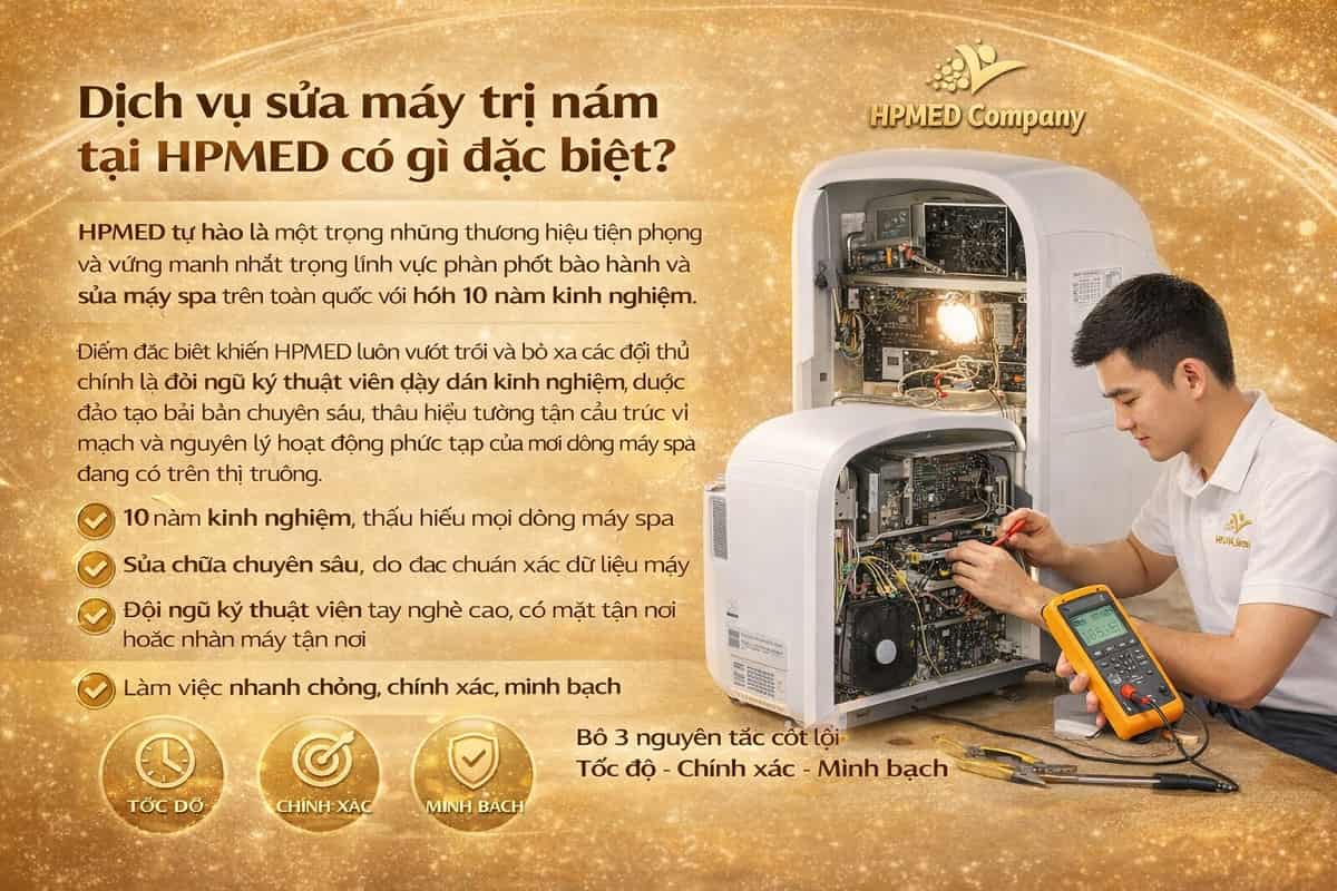 Kỹ thuật viên HPMED thực hiện dịch vụ sửa máy trị nám Laser chuyên nghiệp, đo kiểm năng lượng tia laser chuẩn y khoa cho khách hàng