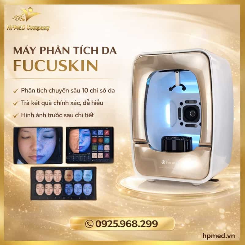 Máy phân tích da Focuskin công nghệ AI từ Hàn Quốc hiển thị báo cáo chẩn đoán 12 chỉ số da chuyên sâu tại showroom HPMED