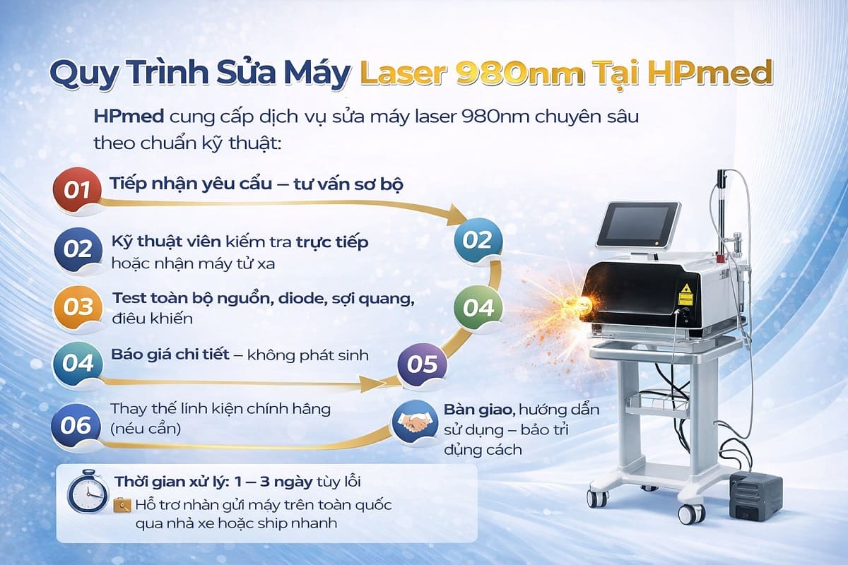 Sơ đồ quy trình sửa máy laser 980nm điều trị giãn mao mạch chuyên nghiệp tại trung tâm kỹ thuật HPMED