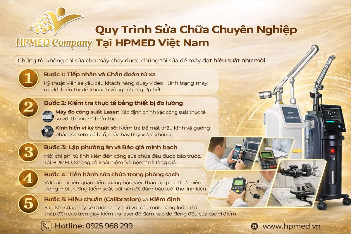 Sơ đồ quy trình 5 bước sửa chữa máy Laser CO2 Fractional minh bạch và chuyên nghiệp tại HPMED