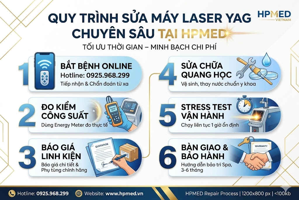 Sơ đồ quy trình 6 bước sửa máy laser YAG chuyên nghiệp tại HPMED giúp khôi phục năng lượng tia laser chuẩn y khoa