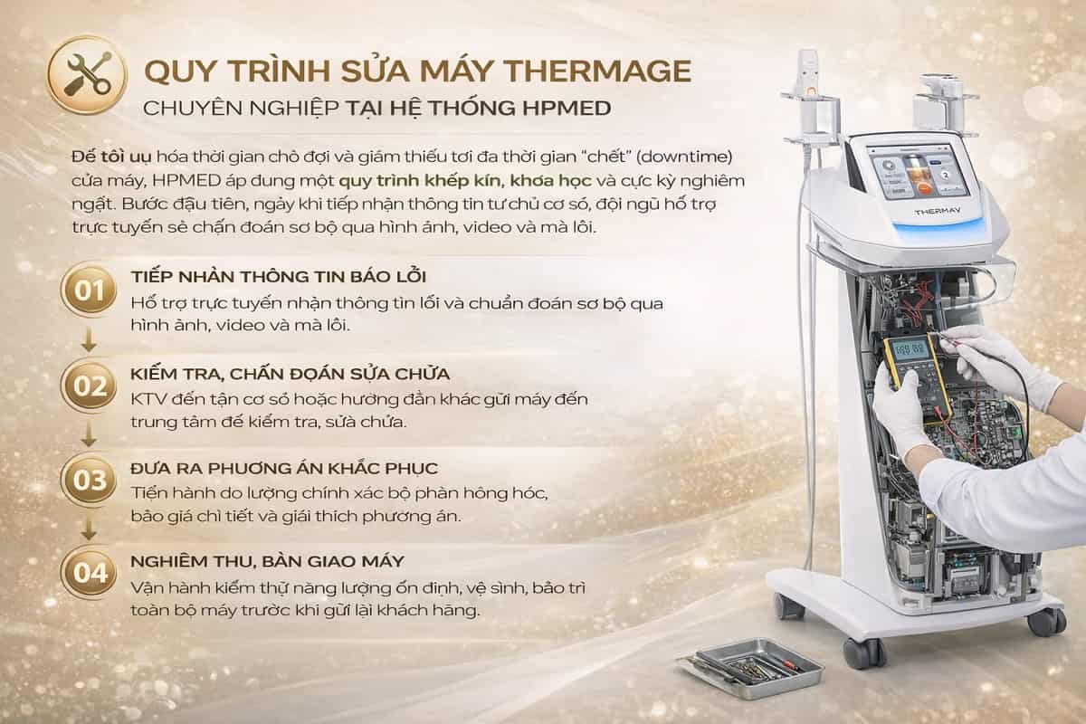 Sơ đồ quy trình 6 bước sửa máy Thermage chuyên nghiệp tại HPMED giúp khôi phục năng lượng RF và hệ thống làm lạnh chuẩn hãng