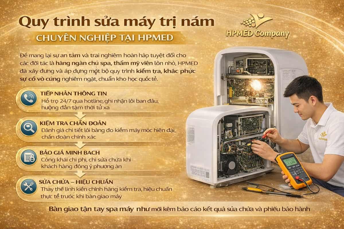 Sơ đồ quy trình 6 bước sửa máy trị nám chuyên nghiệp tại HPMED giúp khôi phục năng lượng tia laser chuẩn y khoa cho Spa và Clinic
