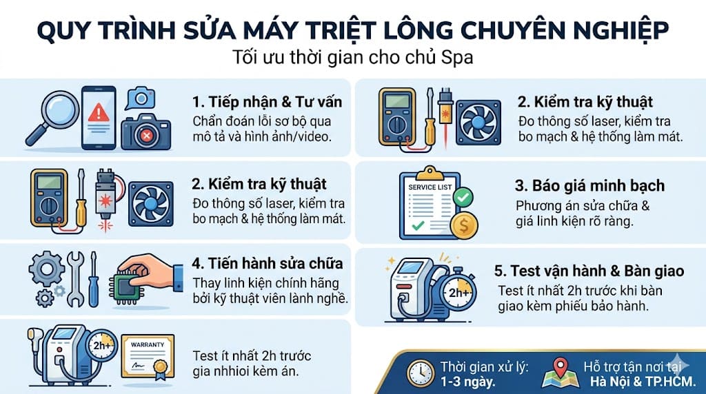 Sơ đồ quy trình 5 bước sửa máy triệt lông chuyên nghiệp và minh bạch tại HPMED
