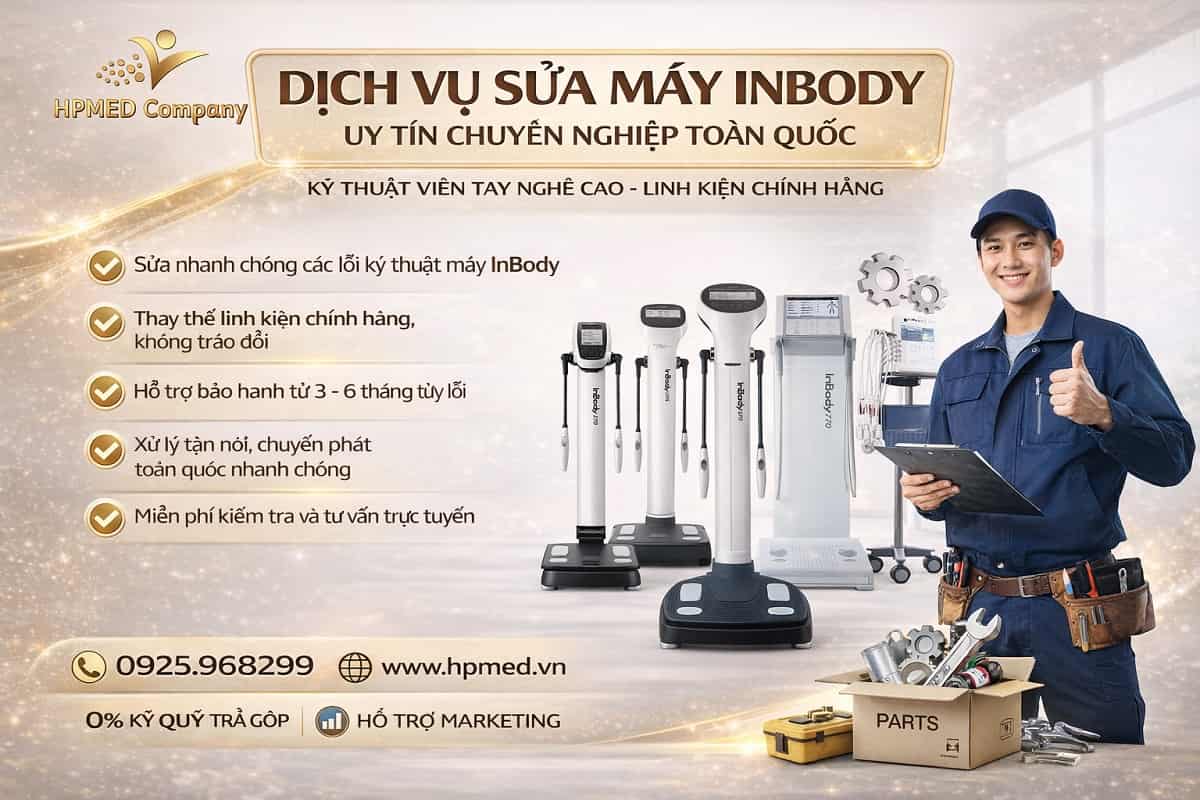 Kỹ thuật viên HPMED đang hiệu chuẩn điện cực và sửa máy InBody 770 chuyên sâu cho phòng Gym cao cấp
