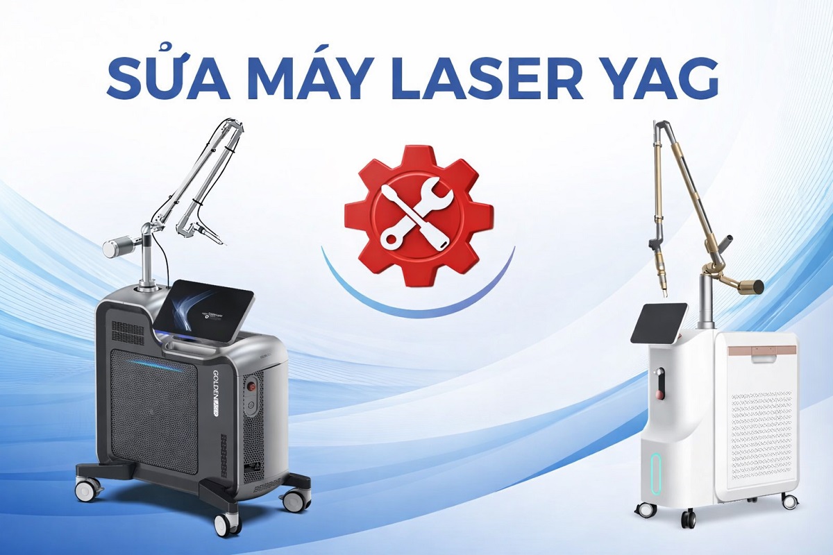 Banner giới thiệu dịch vụ sửa máy laser yag uy tín của HPMED Việt Nam, hiển thị kỹ thuật viên đang cân chỉnh năng lượng máy laser thẩm mỹ hiện đại xóa xăm trị nám