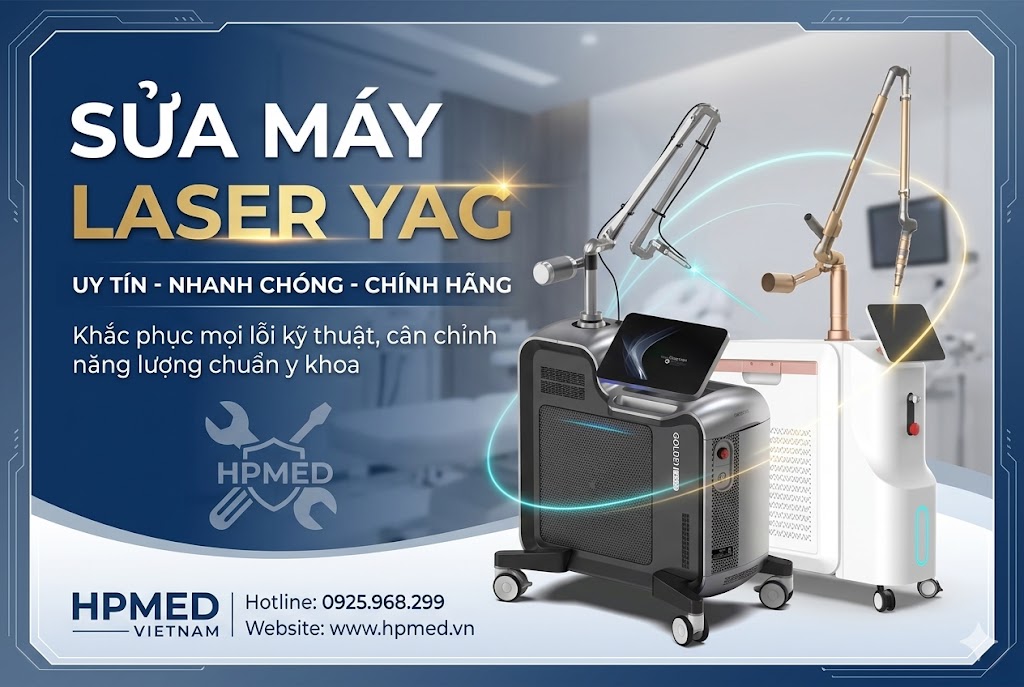 Banner giới thiệu dịch vụ sửa máy laser yag uy tín của HPMED Việt Nam, hiển thị hai mẫu máy laser thẩm mỹ hiện đại với cam kết nhanh chóng, chính hãng và khắc phục lỗi kỹ thuật chuẩn y khoa