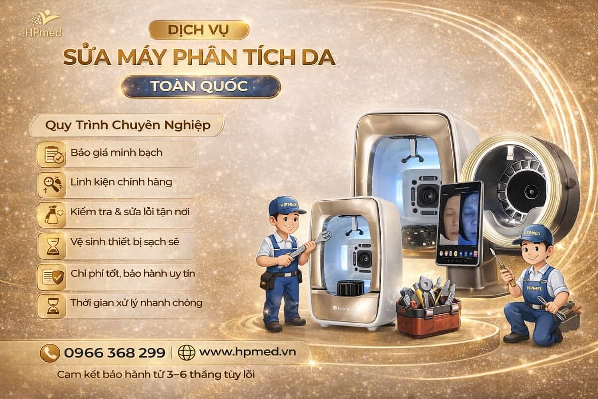 Kỹ thuật viên HPMED đang kiểm tra cảm biến camera và sửa máy phân tích da Smart Mirror cho khách hàng Clinic