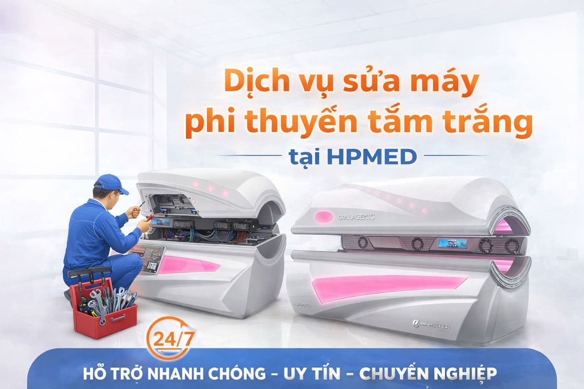 Kỹ thuật viên HPMED đang kiểm tra bo mạch điều khiển và hệ thống nhiệt của máy phi thuyền tắm trắng hồng ngoại