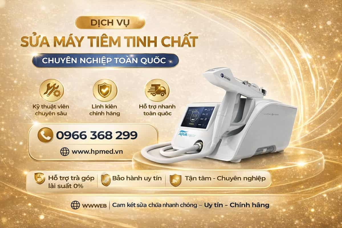 Kỹ thuật viên HPMED đang xử lý lỗi tắc nghẽn dưỡng chất và cân chỉnh áp suất hút chân không khi sửa máy tiêm tinh chất cho khách hàng
