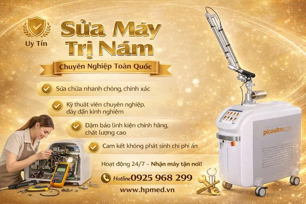 Kỹ thuật viên HPMED đang kiểm tra bo mạch và cân chỉnh năng lượng tia laser chuẩn y khoa khi sửa máy trị nám cho khách hàng Clinic