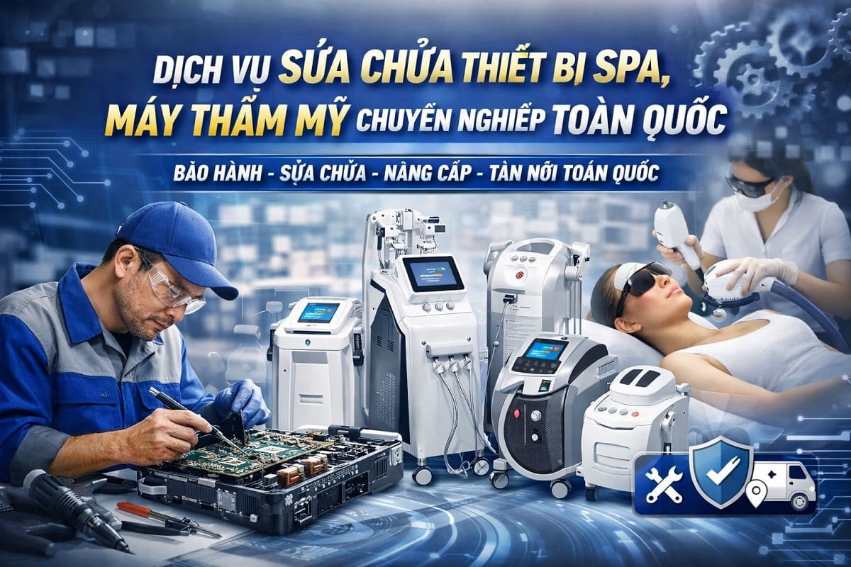 Đội ngũ kỹ thuật viên HPMED đang thực hiện quy trình kiểm tra và sửa thiết bị spa công nghệ cao cho khách hàng tại trung tâm bảo hành