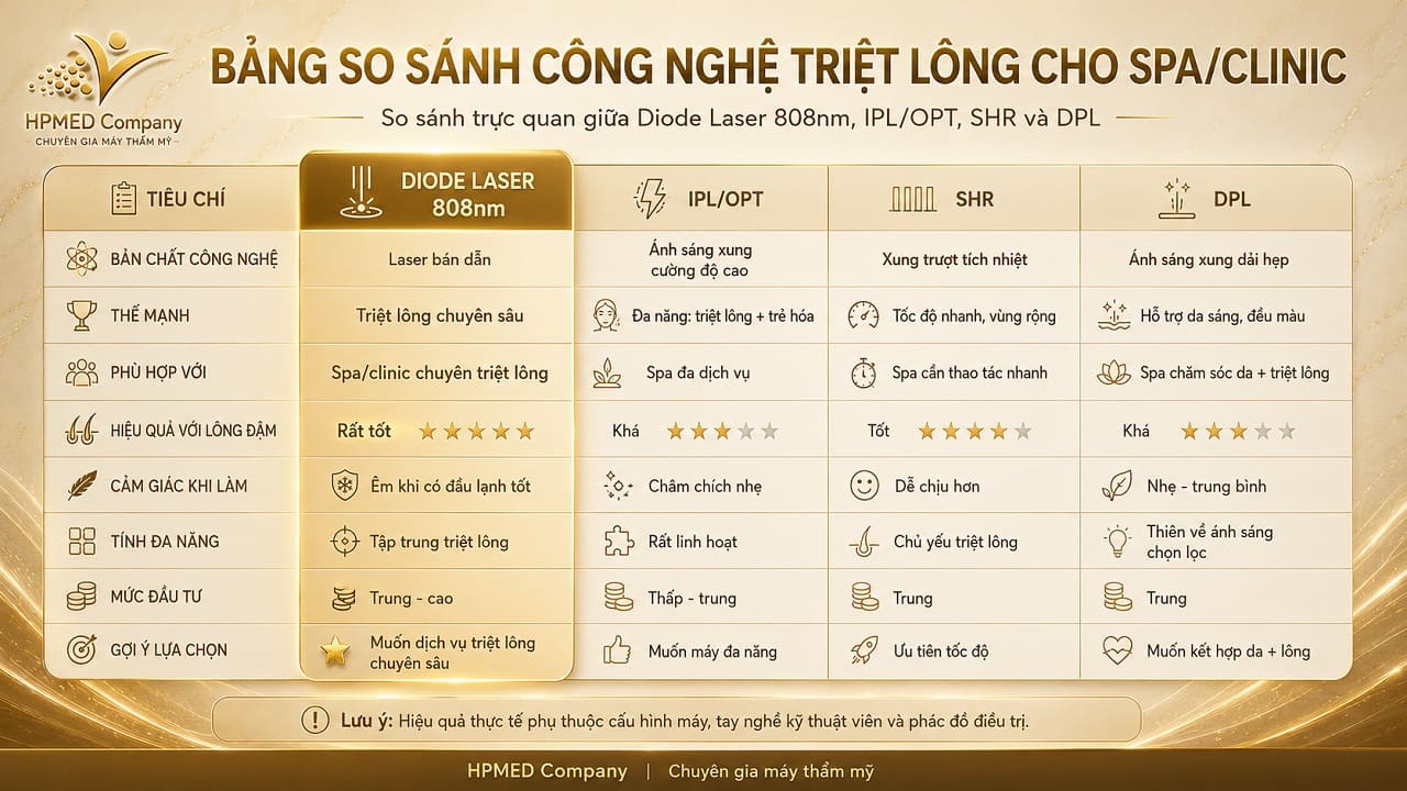 Bảng so sánh máy triệt lông diode laser 808nm chính hãng công nghệ máy diode laser tại HPMED