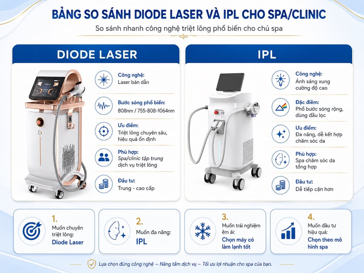 Bảng so sánh máy triệt lông diode laser và ipl chính hãng công nghệ máy triệt lông spa tại HPMED