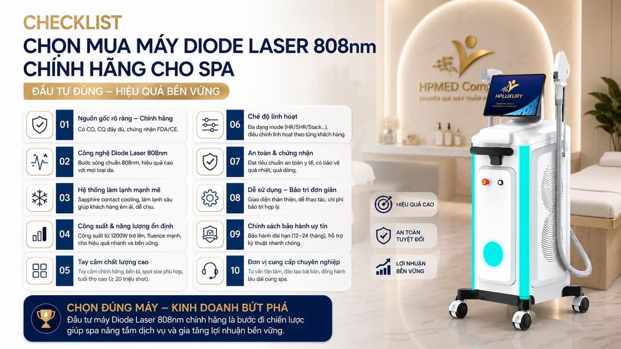 Checklist chọn mua máy triệt lông diode laser 808nm chính hãng tiêu chuẩn máy diode laser tại HPMED