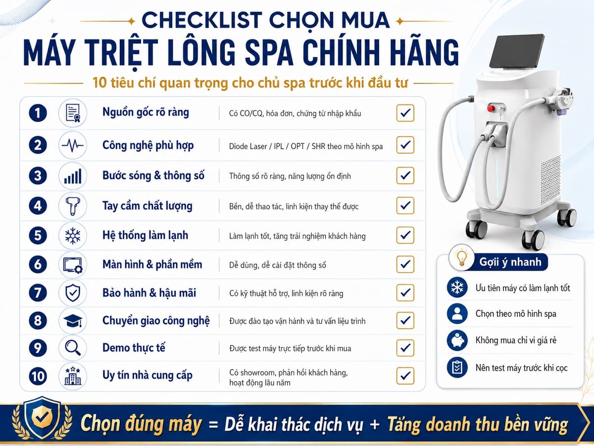 Checklist chọn mua máy triệt lông spa chính hãng tiêu chuẩn máy triệt lông diode laser tại HPMED
