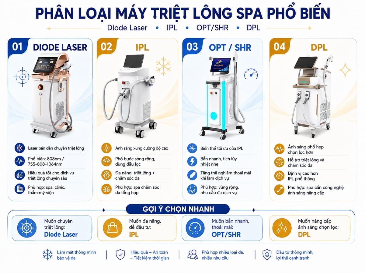 Bảng infographic phân loại máy triệt lông spa công nghệ máy triệt lông diode laser và ipl tại HPMED