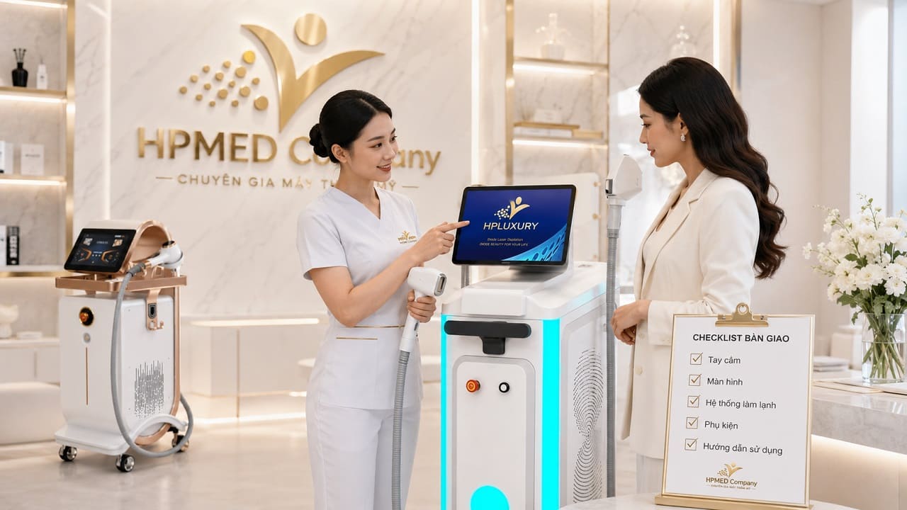 Kỹ thuật viên kiểm tra máy triệt lông diode laser chính hãng trước khi bàn giao cho chủ spa tại HPMED