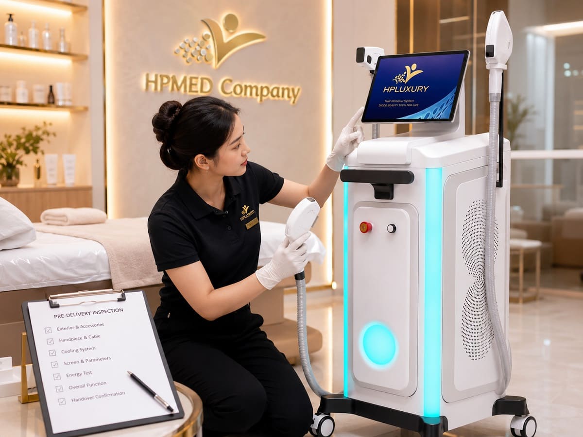Kỹ thuật viên kiểm tra máy triệt lông spa công nghệ máy triệt lông diode laser chính hãng trước khi bàn giao tại HPMED