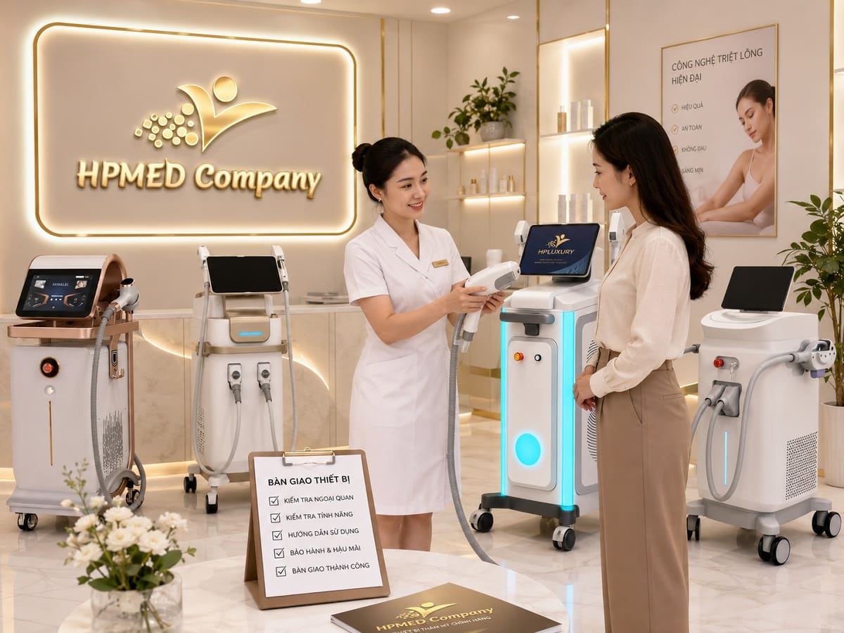 Showroom thiết bị thẩm mỹ bàn giao máy triệt lông spa công nghệ diode laser chính hãng tại HPMED