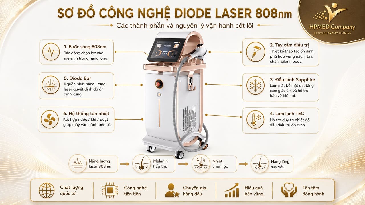 Sơ đồ cấu tạo tay cầm và hệ thống tản nhiệt máy triệt lông diode laser 808nm chính hãng tại HPMED